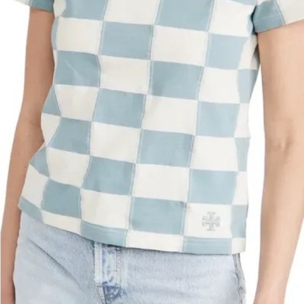 Tory Burch Blue and White Checkered Short Sleeve Top